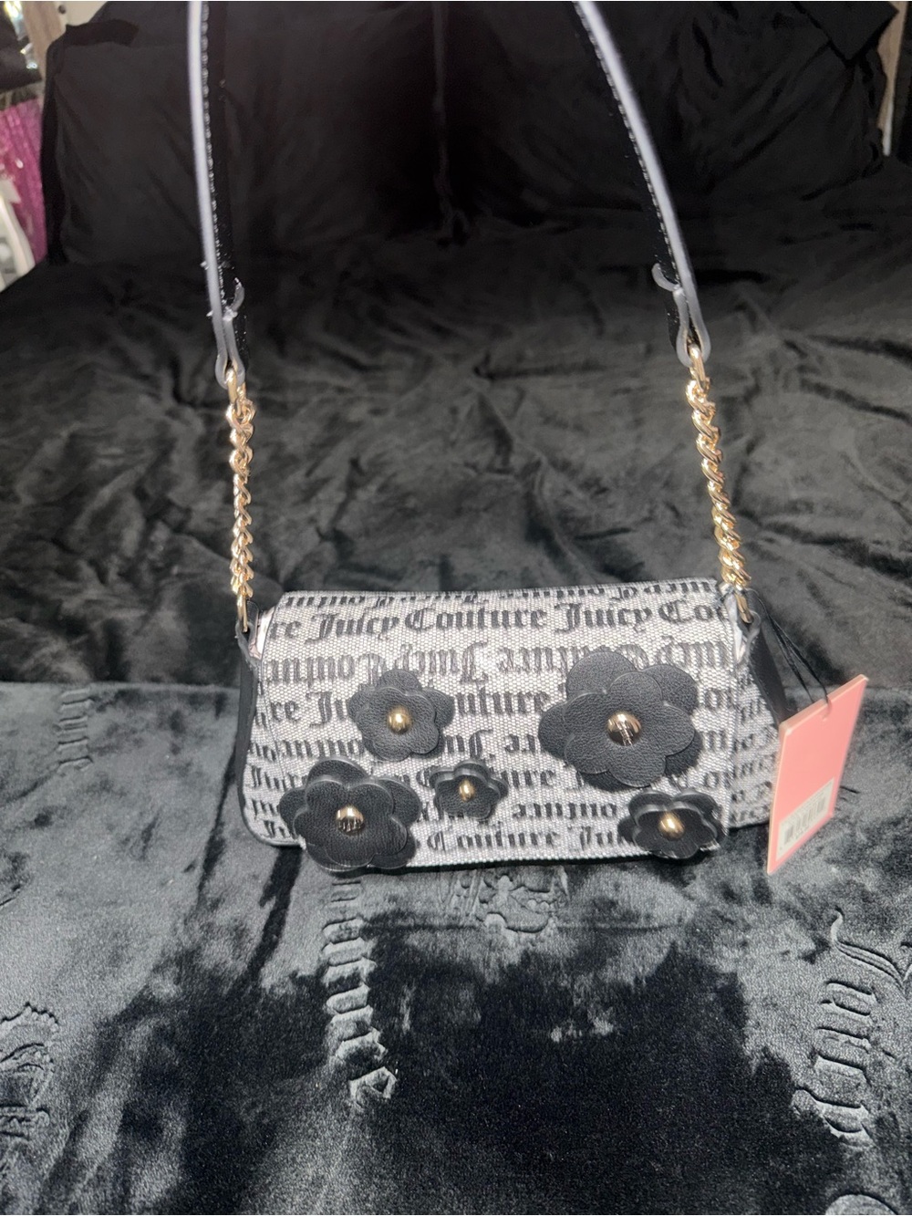 Juicy Couture Black Flap Shoulder Bag with Gold Chain